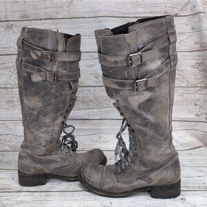Sendra Handmade Boots Distressed Grey Brown Leather Tall Buckle Riding Boots 9